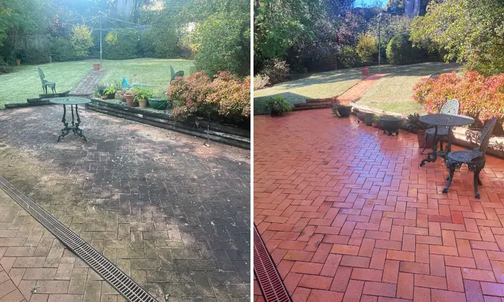 Brick paver patio with outdoor furniture, before and after pressure washing: grey and dirty on the left, clean red pavers on the right.