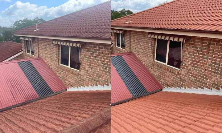 Brick wall and terracotta-coloured concrete tile roof beside a red corrugated awning, before and after cleaning.