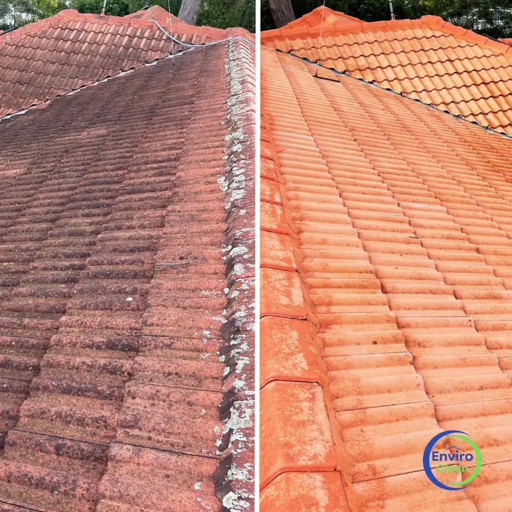 Concrete tile roof along a ridge, before and after cleaning: dark with white lichen on the left, clean orange tiles on the right.