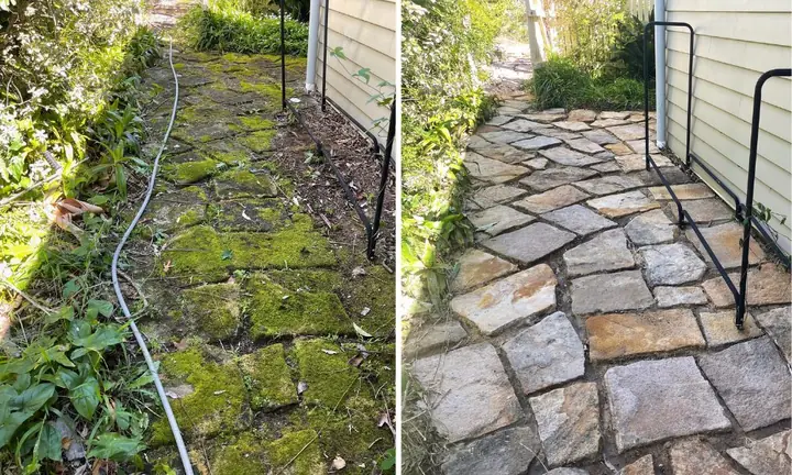 Crazy-paving path beside a weatherboard house, before and after pressure washing: covered in moss on the left, clean stone on the right.