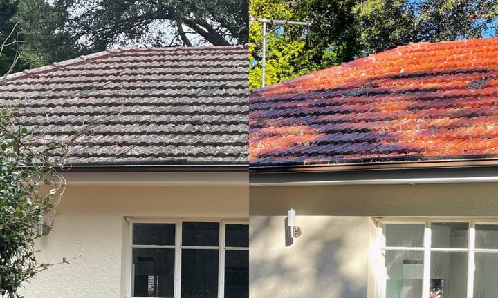 Tile roof before and after a roof clean: grey and stained on the left, cleaned on the right.