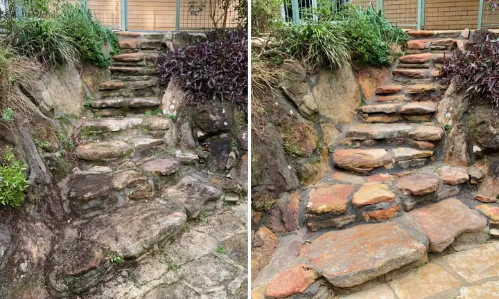 Natural stone garden steps, before and after pressure washing: grey and weathered on the left, clean warm-coloured stone on the right.