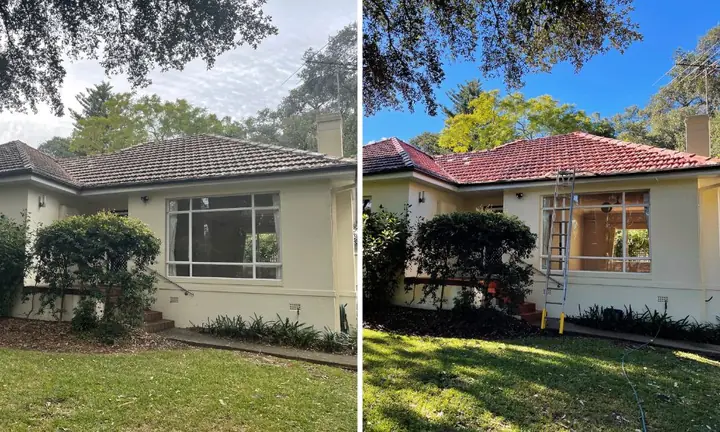 Cream rendered house with a hipped tile roof, before and after roof cleaning: dark grey tiles on the left, red tiles on the right.