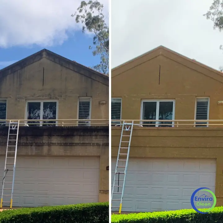 Rendered gable wall above a double garage, before and after a house wash: dark streaks below the balcony rail on the left, clean on the right.