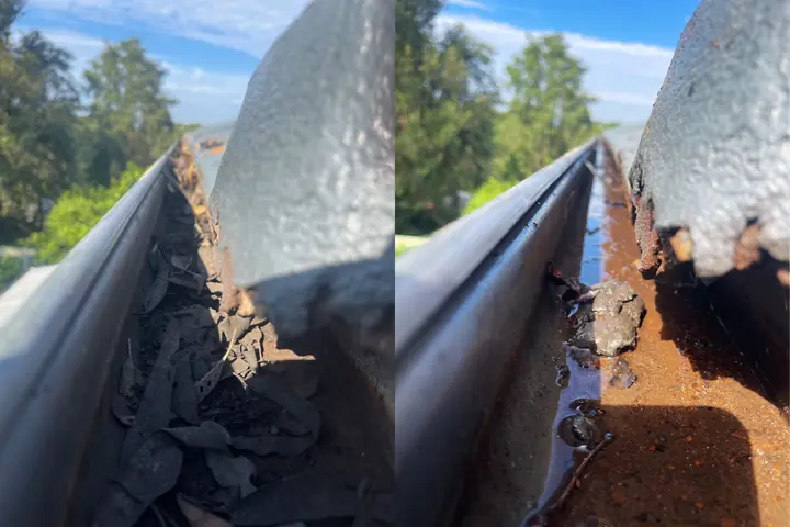 Close view inside a roof gutter, before and after cleaning: packed with dead leaves on the left, leaves removed on the right.