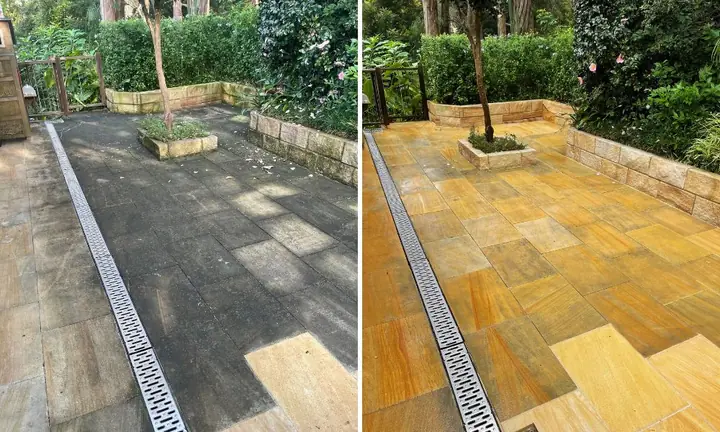 Sandstone courtyard with a strip drain and a tree planter, before and after pressure washing: black grime on the left, clean golden sandstone on the right.