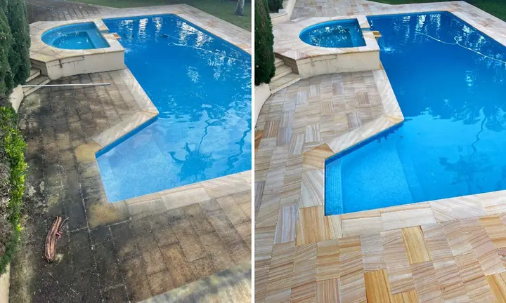 Sandstone paving around a pool and spa, before and after pressure washing: black staining on the left, clean sandstone on the right.