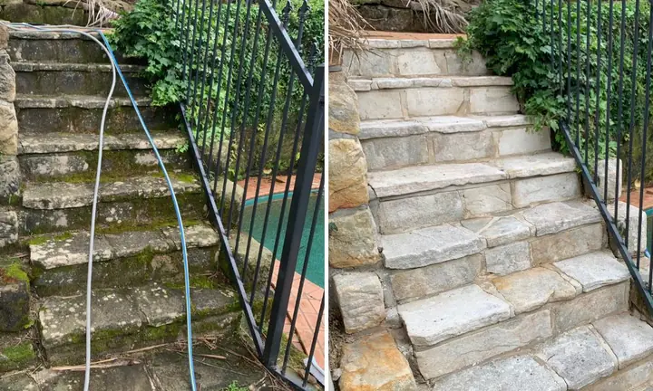 Sandstone steps beside a black pool fence, before and after pressure washing: green moss on the left, clean pale stone on the right.