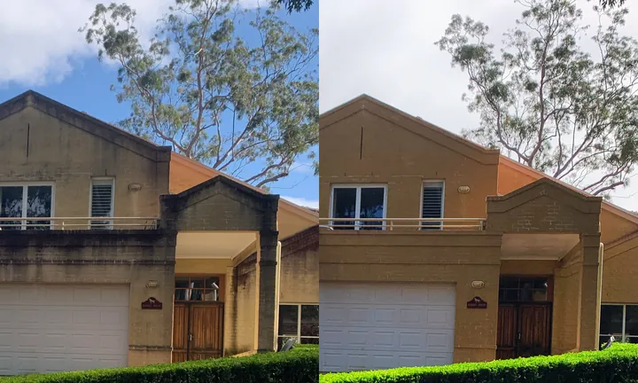 Tan brick two-storey house with a white garage door, before and after a house wash: dark grime streaks on the left, clean walls on the right.