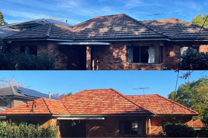 Brick house with a hipped tile roof, before and after roof cleaning: dark weathered tiles above, clean orange-red tiles below.