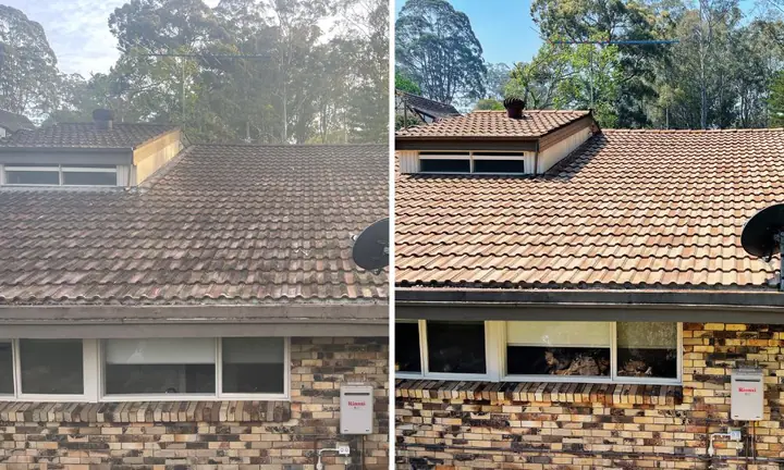 Variegated concrete tile roof on a brick house, before and after cleaning: dark and weathered on the left, lighter clean tiles on the right.