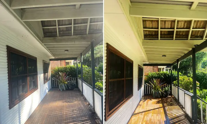 Verandah with a timber deck and white weatherboard wall, before and after a house wash: dull and grimy on the left, clean on the right.