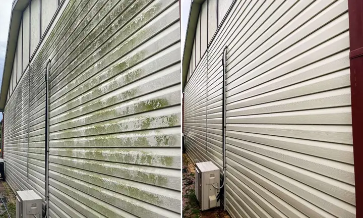 Long wall of cream vinyl siding beside an air-conditioner, before and after a house wash: green algae streaks on the left, clean on the right.