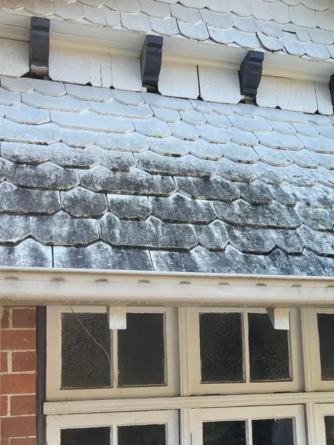 Shingled gable roof before soft washing, grey with lichen and grime